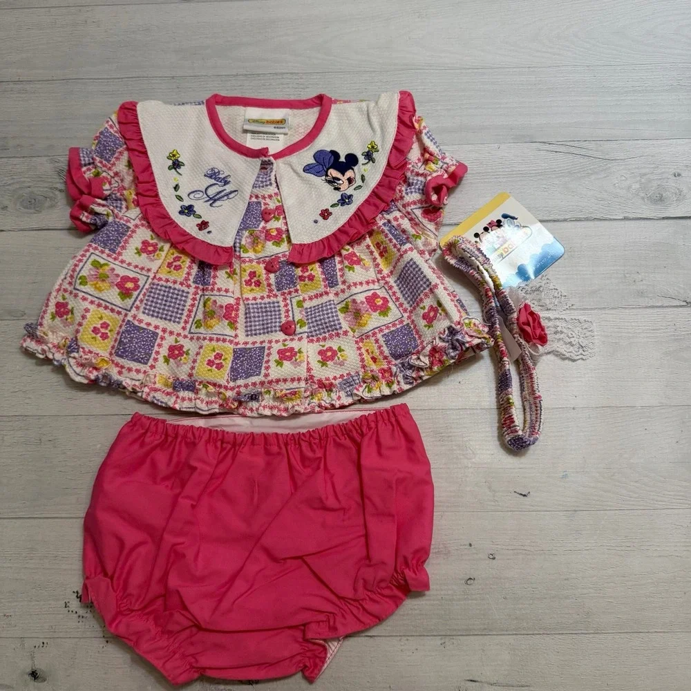 Disney baby‎ Minnie Mouse 3 piece outfit shirt diaper cover headband 6/9 m NEW